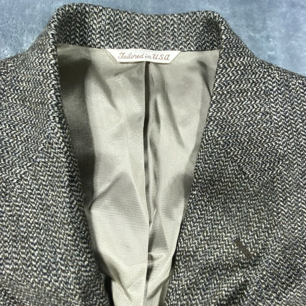 VTG Stafford Jacket Tweed Blazer Lambswool 46R Brown Herringbone Elbow Patch USA
